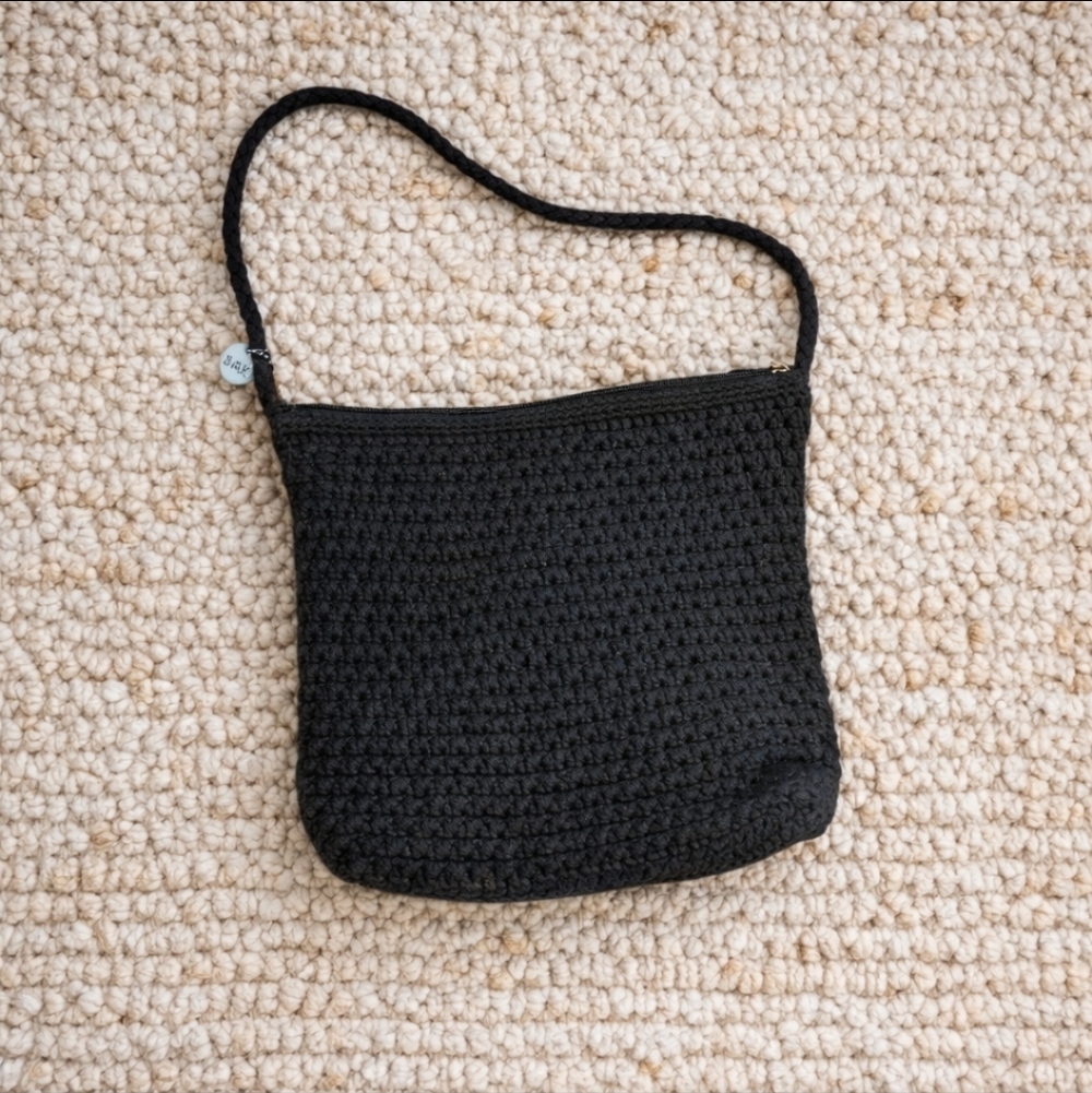 black Textured Woven crochet lightweight single strap Shoulder Bohemian Bag